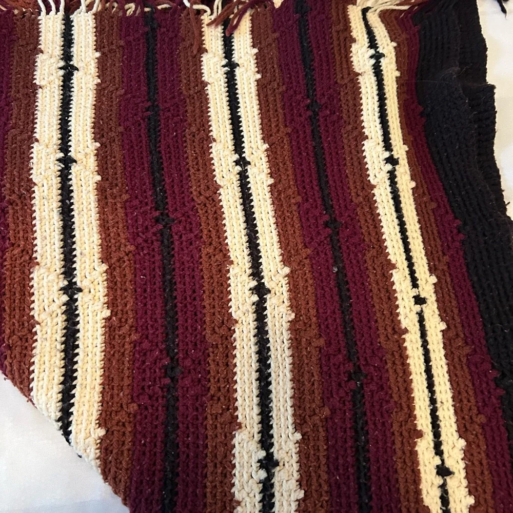Vintage Crochet Brown Cream Stripe Handmade Blanket Throw Afghan with fringe